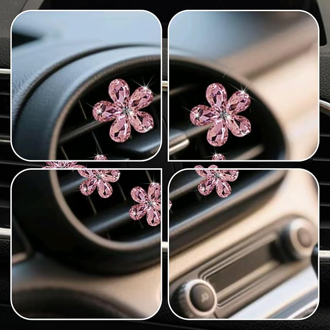 Bling Daisy Flower Car Air Vent Clips, 5PCS Sparkling Crystal Rhinestone Cute Vehicle Air Conditioning Clamp, Diamond Auto Air Outlet Clip Decor for Women Girls (Pink)