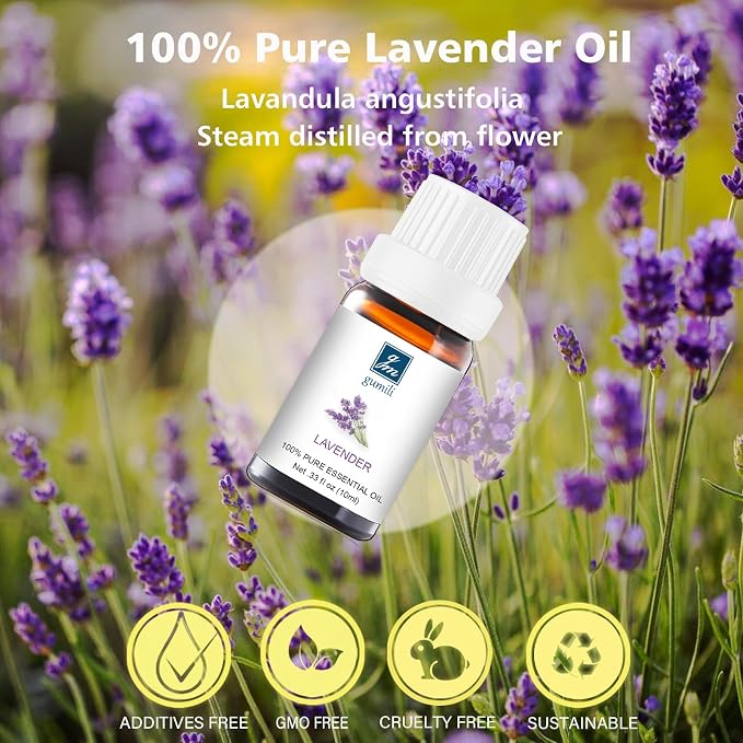 GM Gumili Lavender Essential Oil - Pure Organic Lavender Oil for Skin, Hair, Diffuser, Spray, Roll On, Body Massage - Floral Scent, 10mL