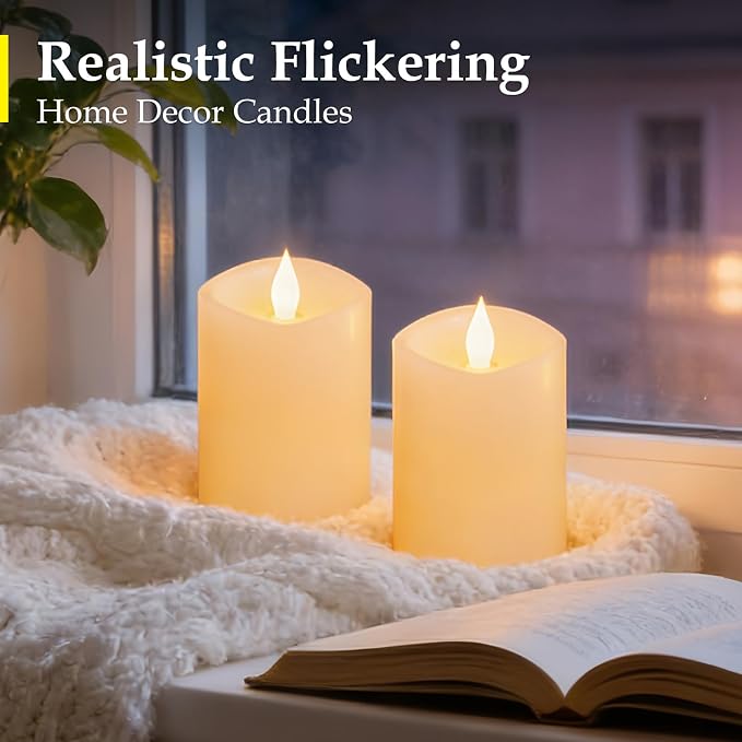 3"x4" Flickering Flameless Battery Candles with Timer, Ivory Realistic LED Pillar Candles, Set of 2 Large Remote-Operated Candles for Home Indoor/Outdoor & Holiday Decor