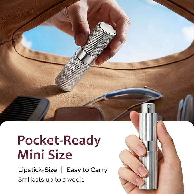 LISAPACK Perfume Travel Refillable Bottle - Atomizer Cologne Spray for Men Portable - Mini Sprayer Empty for Refill - Small Size 8ML Striped (Black, Silver, Pink)