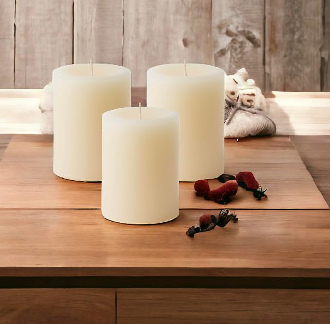 Mister Candle Dripless Unscented Ivory Pillar Candles, Set of 3 Hand Poured Solid Color Non-Scented Candles for Home Decor, Premium Wax, 60 Hr Burn Time - 3x4 Inch, Ivory