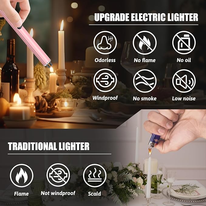 2 Pack Electric Candle Lighters, USB Rechargeable Lighter with Windproof Flameless & Extended Handle, Suitable for Candles, BBQ, Camping, Gas Stove, Festivals Gift (Pink, 2 Packs-B)