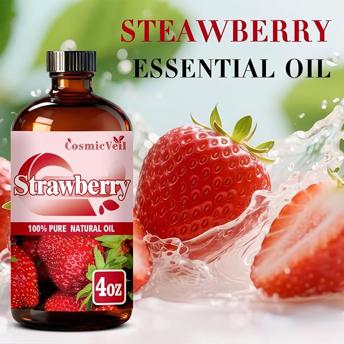 Strawberry Essential Oil Strawberry Oil for Aroma Diffuser,Humidifier,Home Fragrance,Cleaning,Body Care,Massage,Yoga,DIY Candle,DIY Soap CosmicVeil（Strawberry，4 Fl Oz (Pack of 1)）