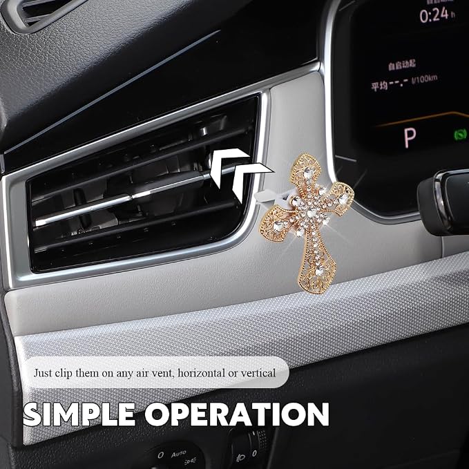 Bling Car Air Vent Clip, Crystal Cross Car Air Fresheners, Rhinestone Vehicle Air Conditioner Outlet Diffuser Vent Clip, Bling Car Interior Accessories Fit for Women and Man (Gold, Style 1)