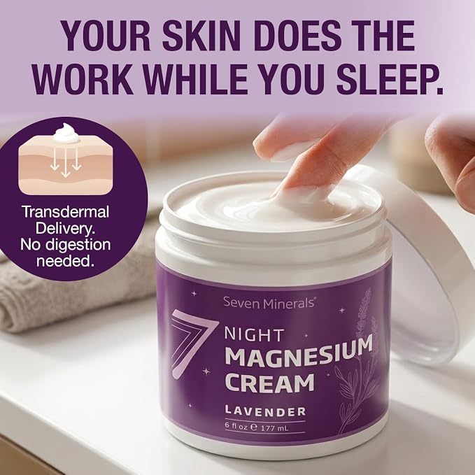 Seven Minerals Magnesium Cream for Sleep with All-Natural Lavender - Extra Strength Magnesium Lotion for Sleep, Pain & Stress - Relaxing Blend for Legs, Feet, Muscles, & Joints, 6 fl oz