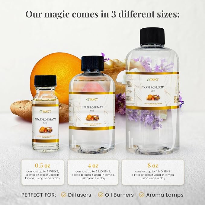 YANCY Inappropriate Luxury Collection Fragrance Oil (8 oz), Exotic Wood and Spice Aroma, Captivating Scent for Diffusers, Oil Burners & Aroma Lamps, Adds Bold Elegance to Social Spaces