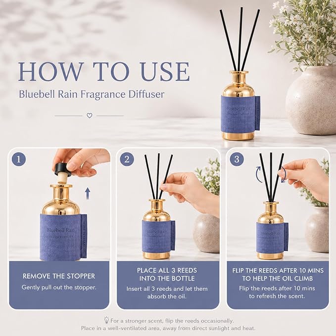 Reed Diffuser for Home, Bluebell Rain / 2.7oz / Long Lasting Floral Fragrance Oil with Reed Sticks – Air Freshener for Bathroom, Office, Closet, Fresh Dewy Aquatic Scent