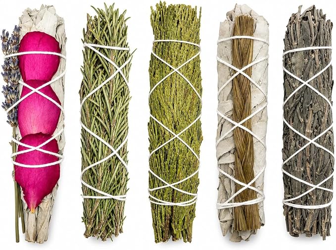 Smudge Sticks Sampler - 1 White Sage with Rose and Lavender, 1 Rosemary, 1 Cedar, 1 Sweetgrass White Sage and 1 Black Sage