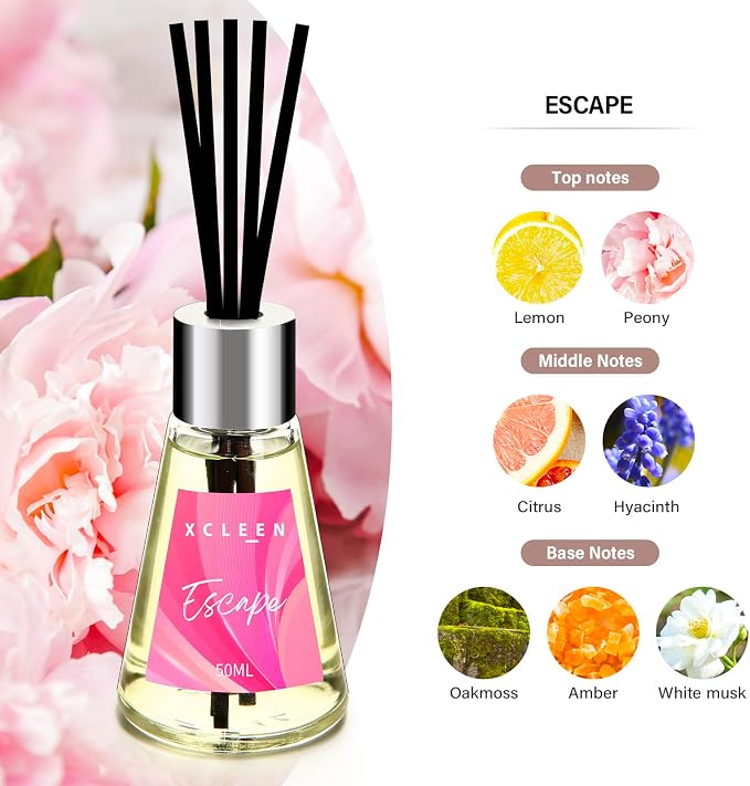 Xcleen Reed Diffuser of 3 Pack, Escape/Citrus/Sandalwood, Scented Diffuser with 15 Fiber Sticks, Home Fragrance Oil Diffuser, Air Freshener for Bathroom & Bedroom, Each 1.7Fl Oz, Total 5.1Oz