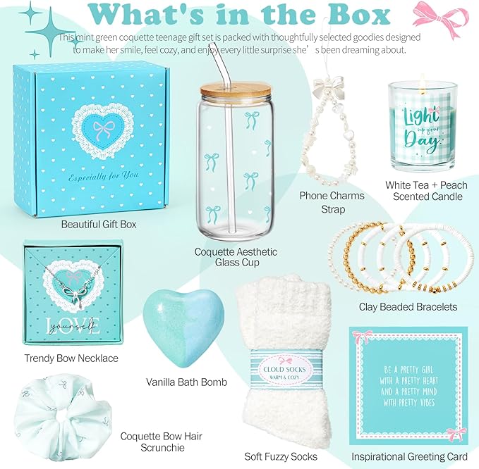 Gifts for Teen Girls, Teen Girl Gifts Trendy Stuff, Coquette Cute Bow Birthday Christmas Ideas Valentines Day Gift for Teen Girls Teenage Tween Daughter Sister Friend 14-16 16-18 Preppy Box Set