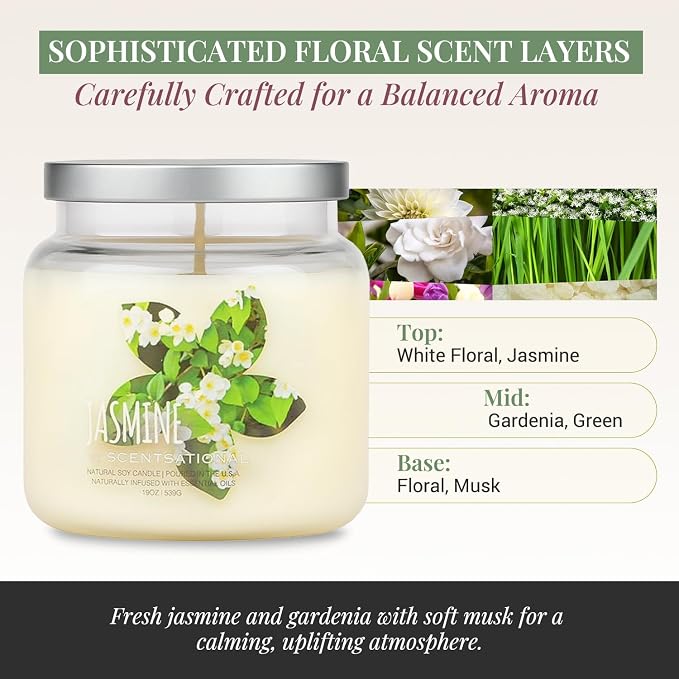 Scentsational Jasmine Candle – Large 19 Oz Hand-Poured Soy Candle in Elegant Glass Jar – Non-Toxic Decorative Candles with Clean Burn – Jasmine Scented Candles for Relaxation, Gifting & Home Décor