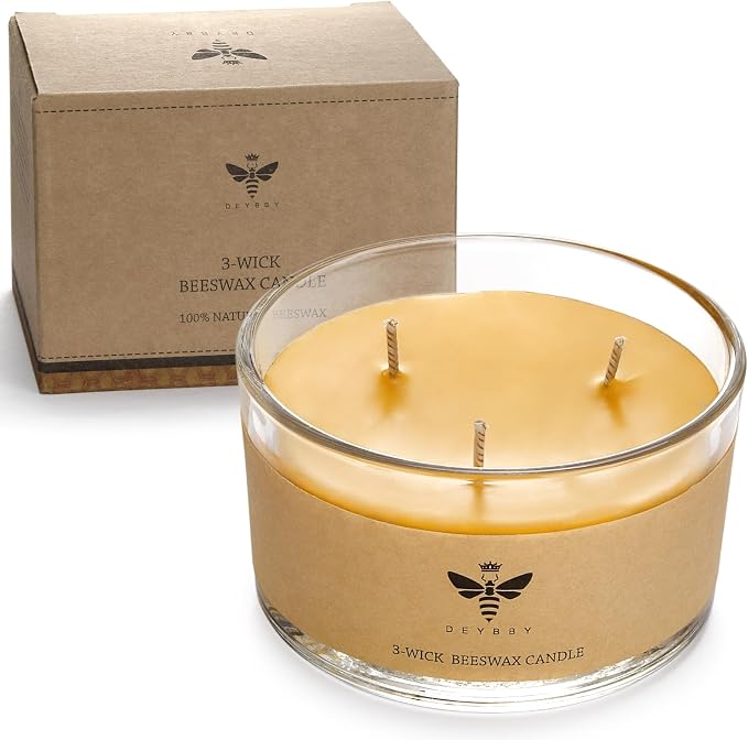 DEYBBY Beeswax Jar Candle - 3 Wick Beeswax Candle Gift - Handpour Candle with Natural Scent for Home Decor Bath Relaxation Houusewarming Gift
