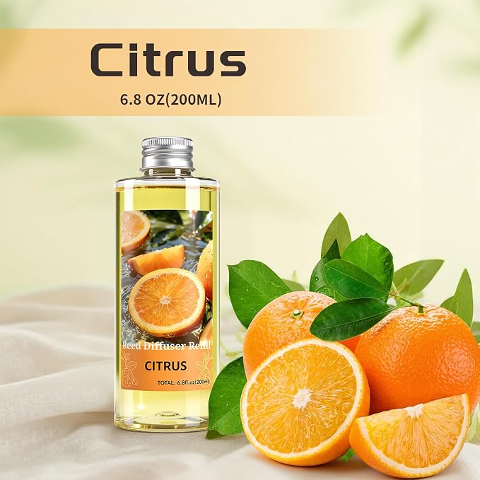 STRN Reed Diffuser Oil Refill, Citrus Scented Diffuser Oil Refills with 6 Reed Sticks 200ML(6.8fl.oz), Room Fresheners for Home, Long-Lasting Summer Fragrance for Living Room, Bedroom, Office