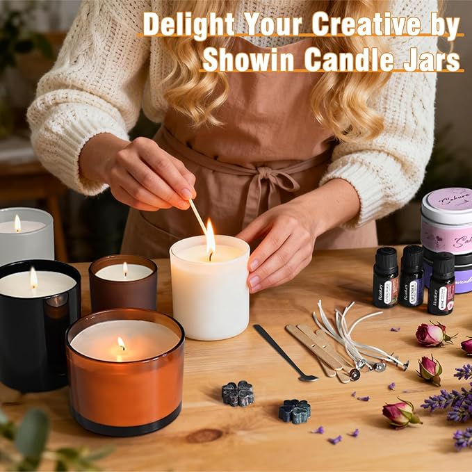 SHOWIN Thick Candle Jars for Making Candles 16 Pcs, 7 OZ Empty Jars with Wood Lids for Candle Making, Sample Container, Frosted Purple