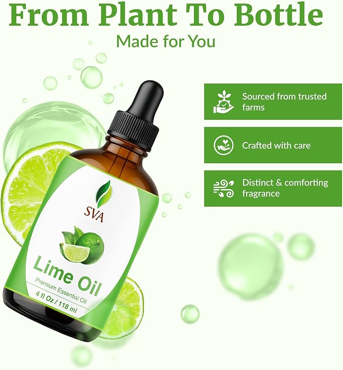 SVA Lime Essential Oil – 4 Fl Oz - for Diffuser, Skin & Hair Care – Ideal for Massage & DIY Blends - with Dropper