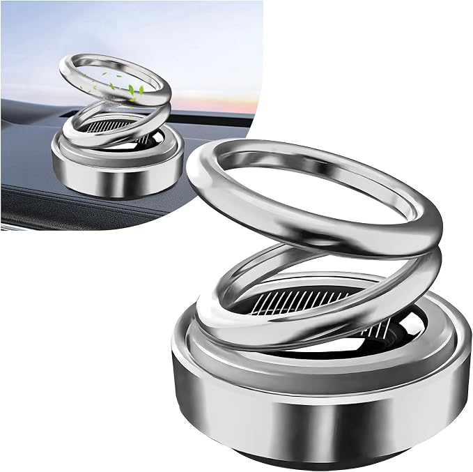 Solar Rotating Car Air Freshener, Solar Energy Refillable Car Dashboard Aromatherapy Ornament, Double Ring Fragrance Diffuser Decorative Accessories for Vehicle Home Office (Silver)