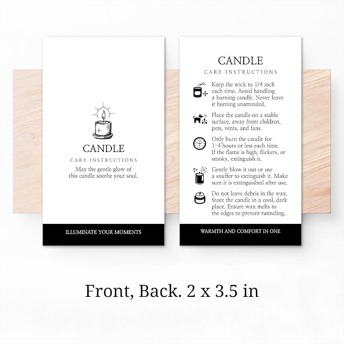 200 pack - Premium Handmade Candle Care Instruction Cards White Black 2x3.5 in, Small Business | Soy Bees Wax Melt, Candle Makers, Making Supplies Kit Set, Containers, Jars, Package