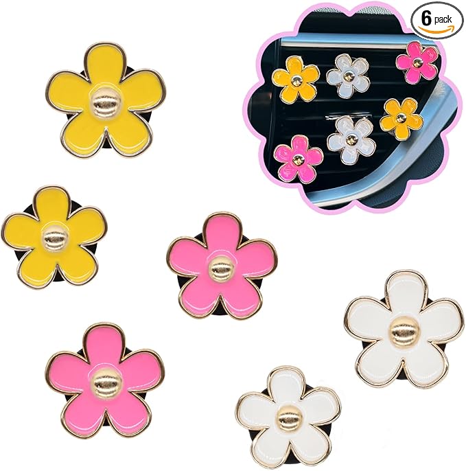ORIESSE 6pcs Flowers Car Air Freshener Vent Clips,Pink Yellow White Daisy Flowers Air Vent Clip Car Accessories for Women,3.3cm/3cm Flower Girly Vehicle Decor Refillable Outlet Diffuser