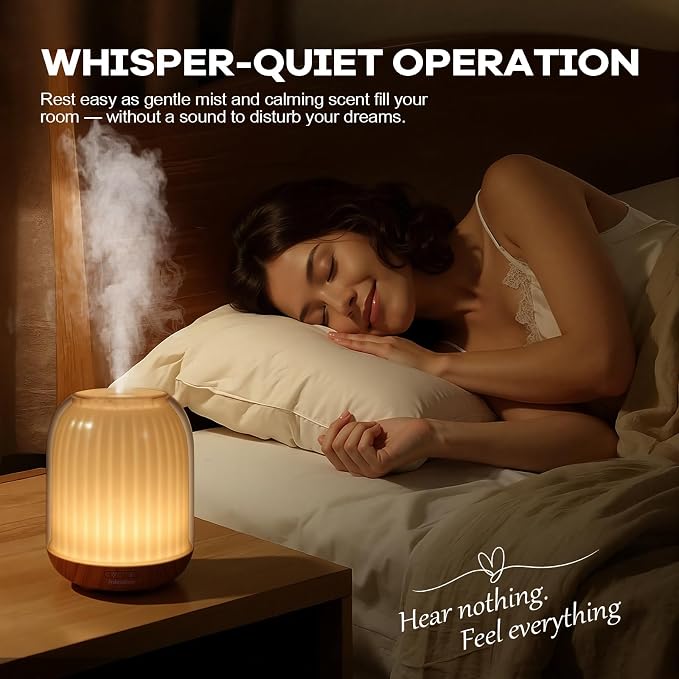 Essential Oil Diffuser with Night Lamp | 120ml USB Portable Aroma Diffuser with Wood-Grain Base & Glass-Look Cover | Humidifier with Lights | Small Humidifier for Bedroom, Office | Room Décor | Gift
