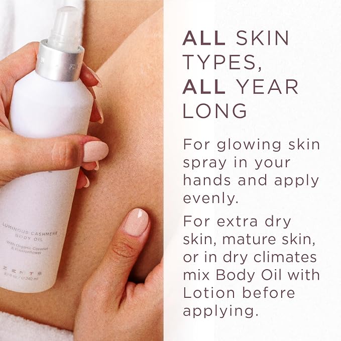 Zents Luminous Cashmere Body Oil (Ore Fragrance) | Moisturizing Body Oil with Vitamin E & Organic Coconut Oil | Softens & Smooths Skin | 8 fl oz