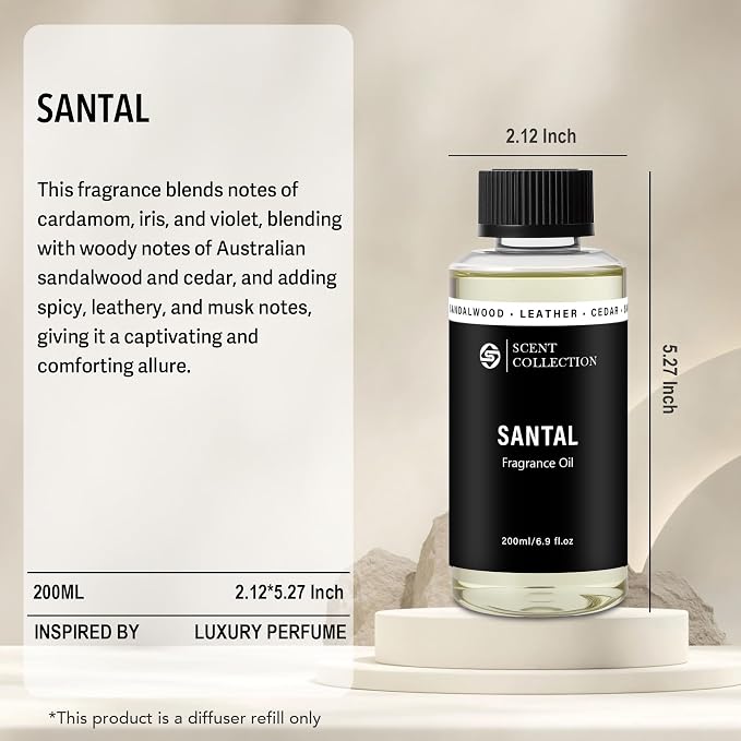Luxury Hotel Scent Santal 200ml/6.76Fl oz Diffuser Oil Waterless Essential Aromatherapy for Cold Air & Car Diffusers – Long Lasting Refill for Large Room & Home - Signature Sandalwood
