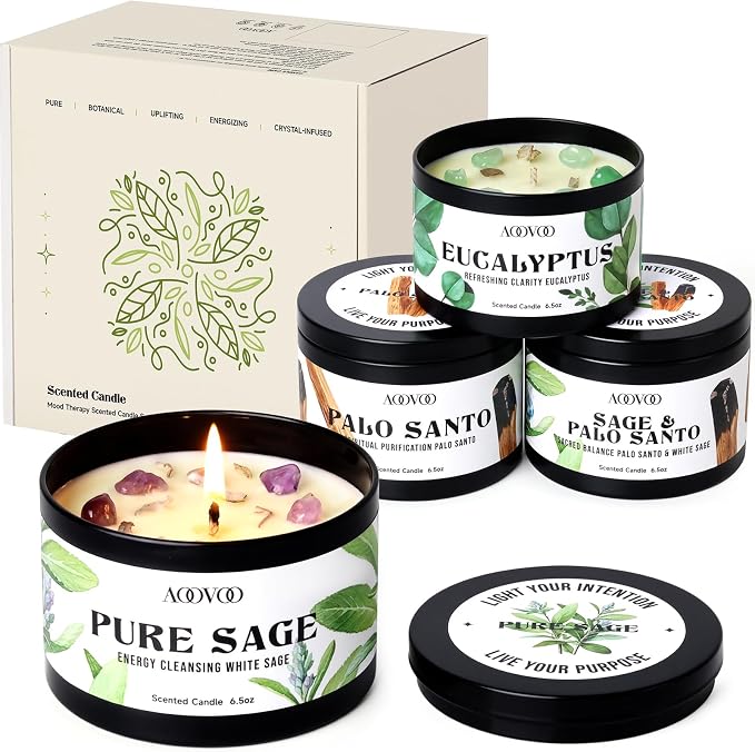 AOOVOO 4 Pack Sage Candles - Sage, Palo Santo, Sage & Palo Santo, Eucalyptus Mint Candle Set with Crystals & Decor, 26oz 200 Hours Long Lasting, Non Toxic Candles for Spiritual House Energy Cleansing