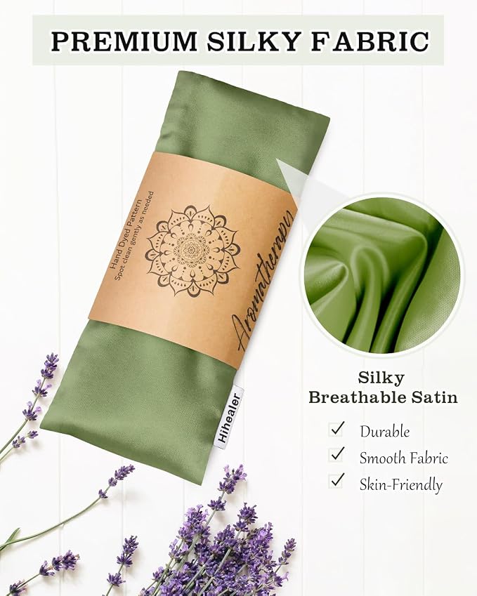 Eye Pillow for Sleeping, Headache Relief, Sinus Pressure, Weighted Eye Mask for Relaxation, Yoga, Moist Heat Eye Compress, Meditation Accessories, Lavender Gift Set for Women (Green & Silver (Silk))