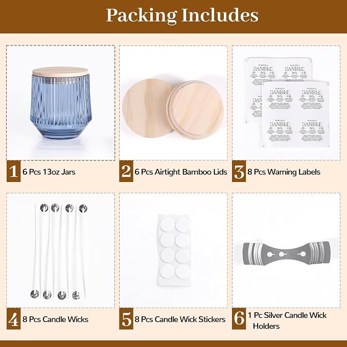 simeitol 13 OZ Blue Large Candle Jars for Making Candles - 6 Pack Glass Candle Jars Bulk with Vertical Striped, Candle Vessels Supplies with Bamboo Lids and Candle Wick Kit, for DIY & Home