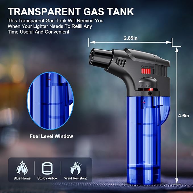 Torch Lighters, 4 Pack, Butane Refillable Jet Flame Torch Lighter, Windproof, Safe, Multi Utility Lighter for Candles, Fireplaces, Campfires, Grill (Without Butane) (Black/Red/Blue/Green)