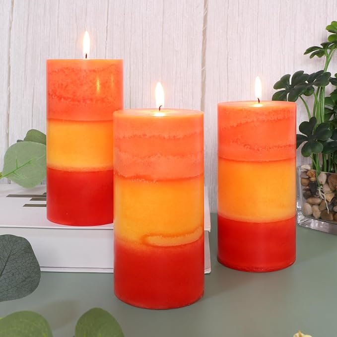3×6 Inch Orange Pillar Candles, Pumpkin Scented Pillar Candles - Long Burning 70+ Hours, Dripless & Smokeless, Aromatherapy Candles for Thanksgiving Day Dinner Table Décor, Set of 3