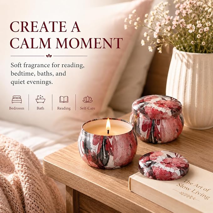 Scented Candles Gift Set for Women, 6 Pack Soy Wax Candle Set in Decorative Tins, 24 oz Total, 180 Hours Burn Time, Floral and Fruity Aromatherapy Candles, Birthday, Thank You, Housewarming Gifts