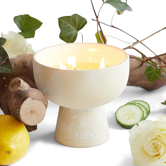 Blueme Renew Candle | Ivy & Rose | 3 Wick - Refillable Wellness Candle with Essential Oils, Hand Finished & Poured Soy Wax Blend Ceramic Vessel, Natural Cotton Wicks | Medium 12 oz