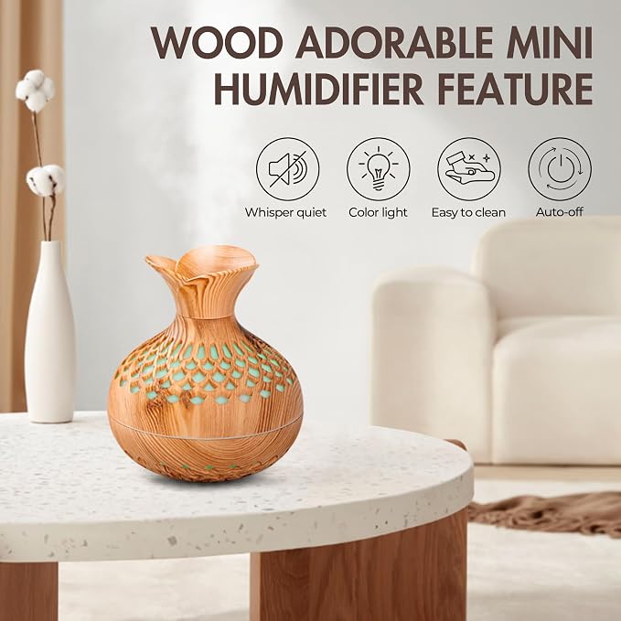 Mini Humidifier for Desk Bedroom Indoor Plant, 300ml Aromatherapy Diffuser Humidifier for Office Small Room, Quiet Colorful Night Light, Essential Oil Diffuser