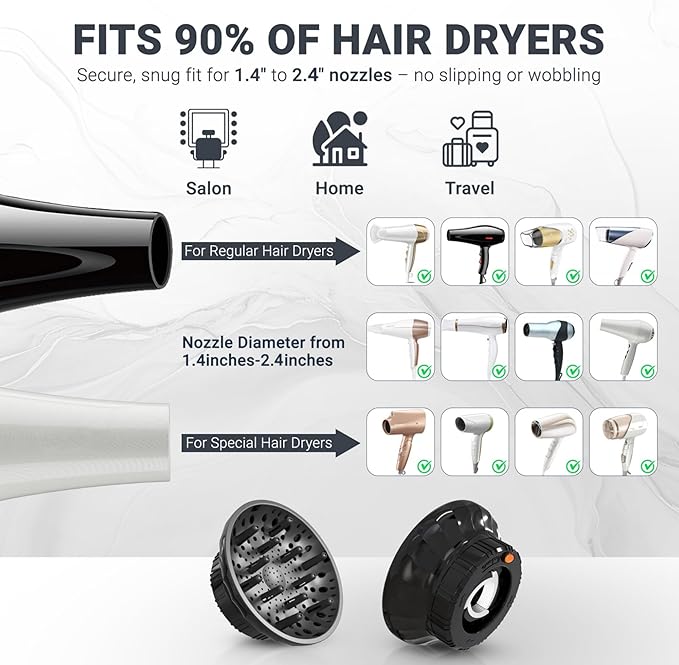Universal Hair Diffuser for Blow Dryer - Fits All 1.4-2.4 inch Dryers, Professional Ionic Diffuser Attachment for Curly/Wavy Hair, Reduces Frizz & Enhance Curls, Lightweight, Travel-Friendly (Black)