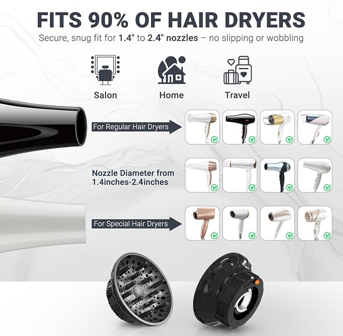 Universal Hair Diffuser for Blow Dryer - Fits All 1.4-2.4 inch Dryers, Professional Ionic Diffuser Attachment for Curly/Wavy Hair, Reduces Frizz & Enhance Curls, Lightweight, Travel-Friendly (White)