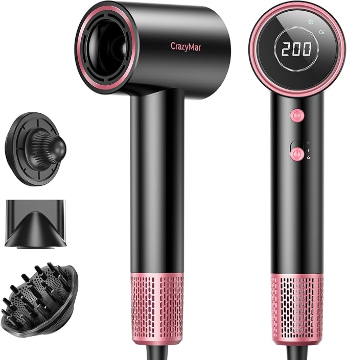 Ionic Hair Dryer with Diffuser and Concentrator- 180000 RPM High Speed Blow Dryer, 3 Min Fast Drying, Heat-Control, Low Noise, Lightweight, Salon Professional Blow Dryer for Women, Men (Rose Pink)