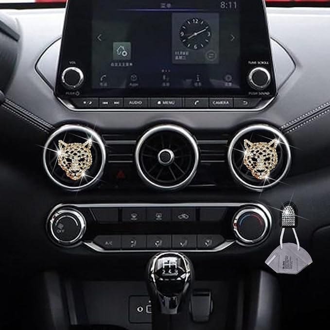 2 Pcs Golden Bling Leopard Air Fresheners, Crystal Car Diffuser Vent Clip Rhinestone Decoration for Women, Auto Accessories, Automotive Air Fresheners