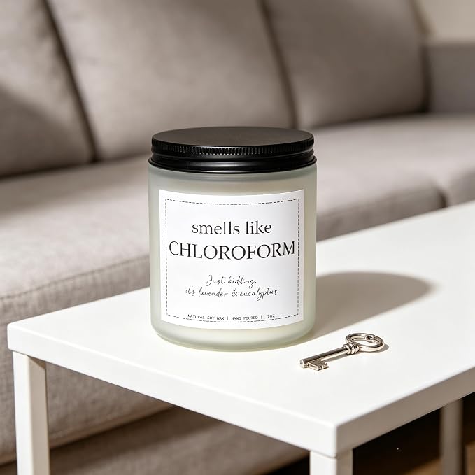 “Smells Like Chloroform” Candle, True Crime Gifts for Women, Stress Relief Gifts, Serial Killer Gift, Crime Junkie Merch, Lavender & Eucalyptus, 100% Soy Wax, 7OZ