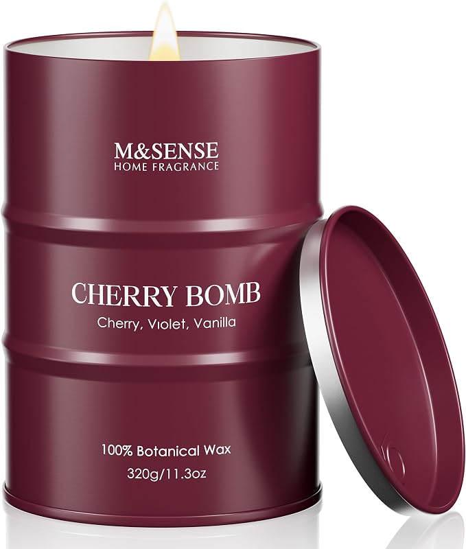 M&SENSE Cherry Bomb Scented Candles, Sweet Candle for Home Scented, Natural Soy Wax Cherry Blossom, Gifts for Women Mom, 11.3 oz 70 Hours Burn