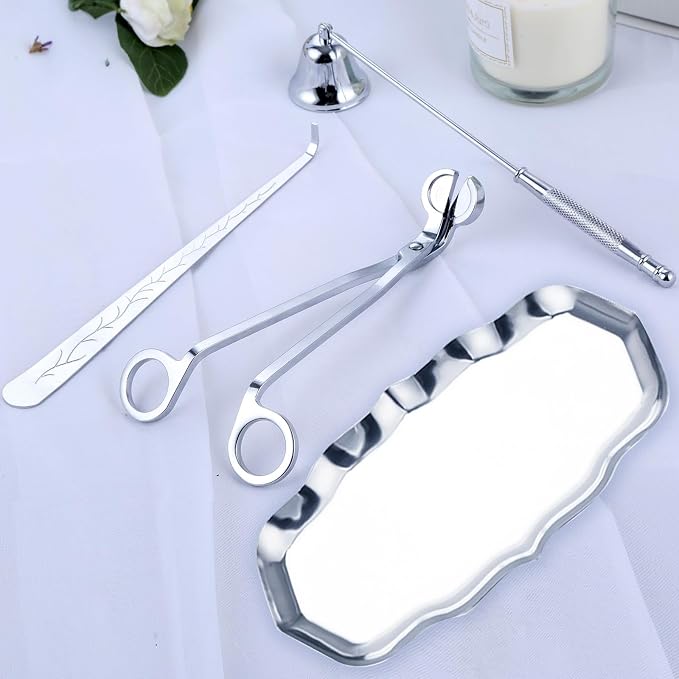 Candle Accessory Set Gift Box, Exquisite Wave Storage Tray Plate, Candle Wick Trimmer, Bell Candle Wick Snuffer, Candle Wick Dipper, 4-in-1 Candle Care Toll Kit for Scented Candle Lover, Silver