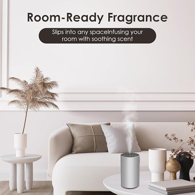Waterless Essential Oil Diffuser, Battery Powered Mini Scent Air Machine, Aromatherapy Mist Diffuser for Home Room Car Office，Black Aluminum Alloy (Silver)