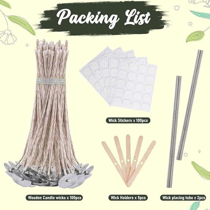 200pcs Natural Candle Wick kit,100pcs Wick Stickers with 5pcs Wick Holders and 2pcs Wick Placing Tube，for Soy Wax, Beeswax, Coconut Wax - DIY Candle Making Supplies for Beginners & Professionals