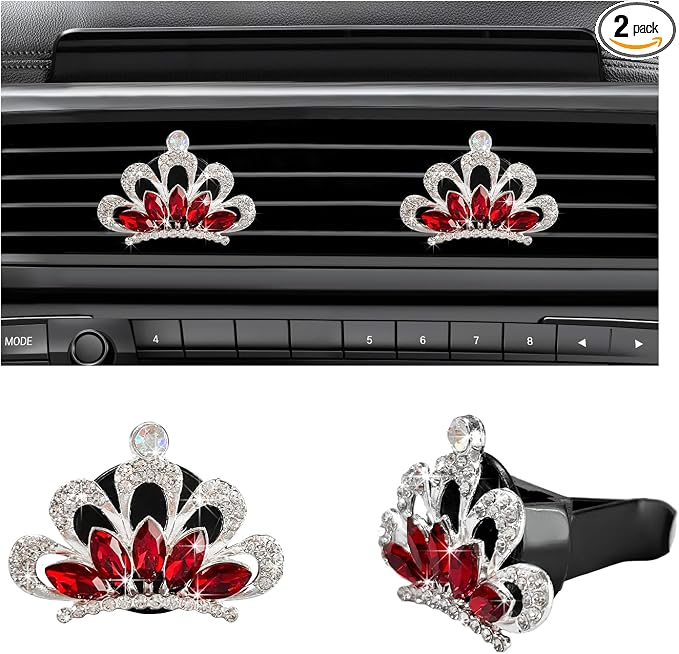 Augeny 2 PCS Bling Car Air Vent Clips, Crystal Rhinestone Crown Air Freshener Outlet Diffuser Clip, Auto Air Conditioning Clip Charm for Women Girls, Interior Decor Car Accessories (Red)