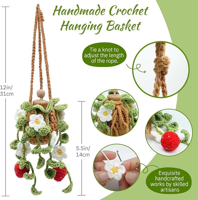 Crochet Car Air Freshener, 15ml Empty Refillable Oil Diffuser Bottle with Hanging Crochet Cute Plant for Car Rearview Mirror Decor Air Freshener Diffuser for Home and Office Decor(Two Strawberry)