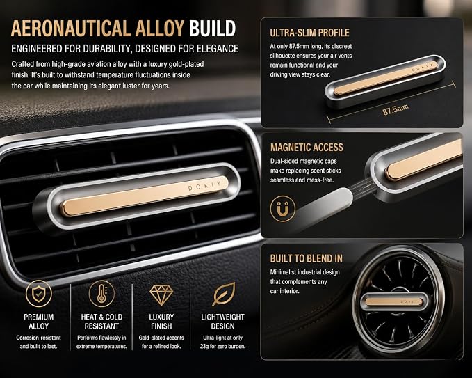 Slim Aviation Alloy Car Air Freshener, Universal Vent Clip Aroma Diffuser with 6 Refill Sticks - Orange Cologne & Ocean - Magnetic Metal Housing, Alcohol-Free Odor Neutralizer for All Standard Vents