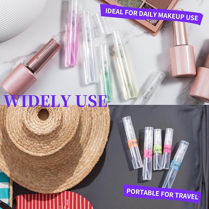 Fandamei 60PCS Mini Spray Bottle, 30PCS 3ml Mini Clear Plastic Spray Bottle Empty with 30PCS 5ml Fine Mist Refillable Mini Perfume Bottle. Small Empty Sample Containers Bottle.