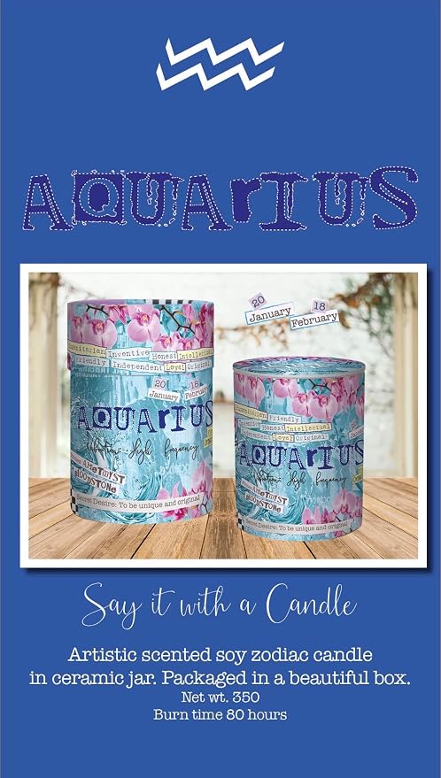 Aquarius Zodiac Candle – Jasmine Scented Soy Candle for Self Care & Relaxation – Zodiac Birthday Gift – 80 Hour Burn – Reusable Ceramic Jar