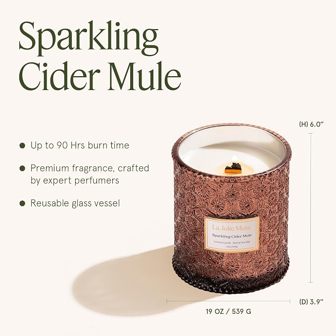 LA JOLIE MUSE Sparkling Cider Mule Scented Candle for Home | Fall Winter Holiday | 19 oz Non Toxic Natural Soy | Large Jar Candle | Luxury Gifts for Women & Men | Apple & Cinnamon | Wood Wick