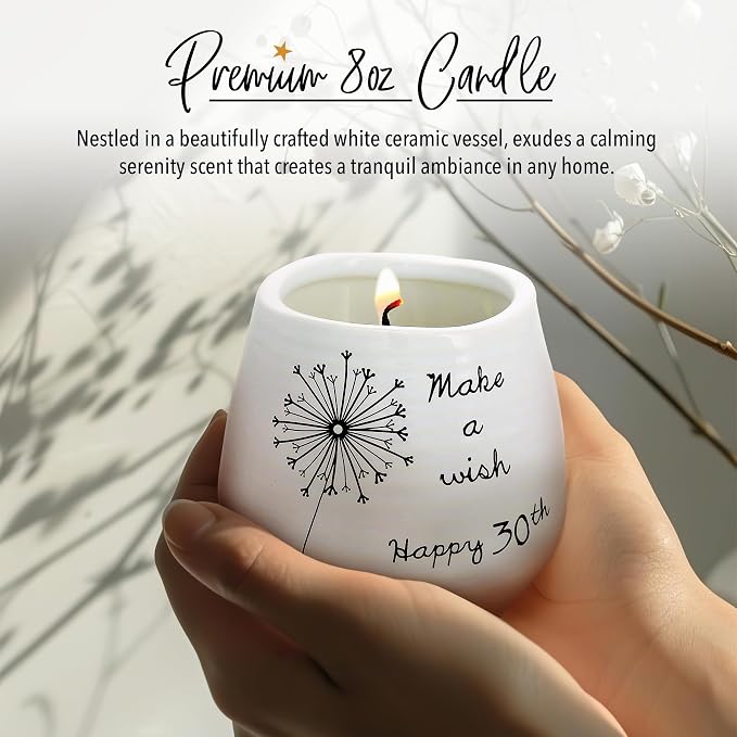 Pavilion Gift Company - 8 Oz Candle Holder - White Ceramic Candle Jar with 100% Soy Wax Candle Serenity Scent "Make a wish Happy 30th" Ideal Gift for Loved Ones - Printed Text, Love Theme & Oval Shape
