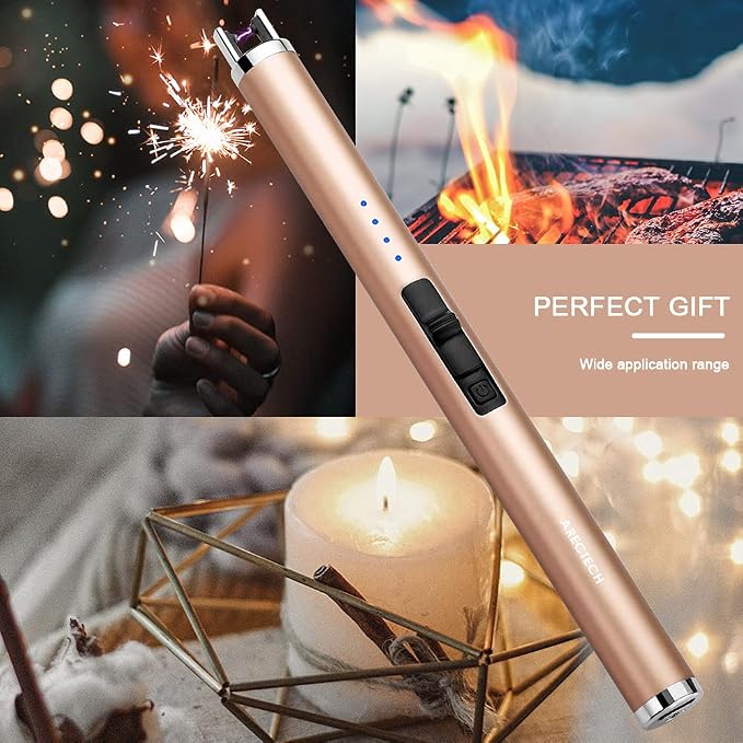 ARECTECH Rechargeable Electric Candle Lighter, Arc Plasma Windproof Lighter for Candle Kitchen Birthday, Christmas Stocking Stuffers Gifts for Mom Men Wife with Type-C Cable, Gold